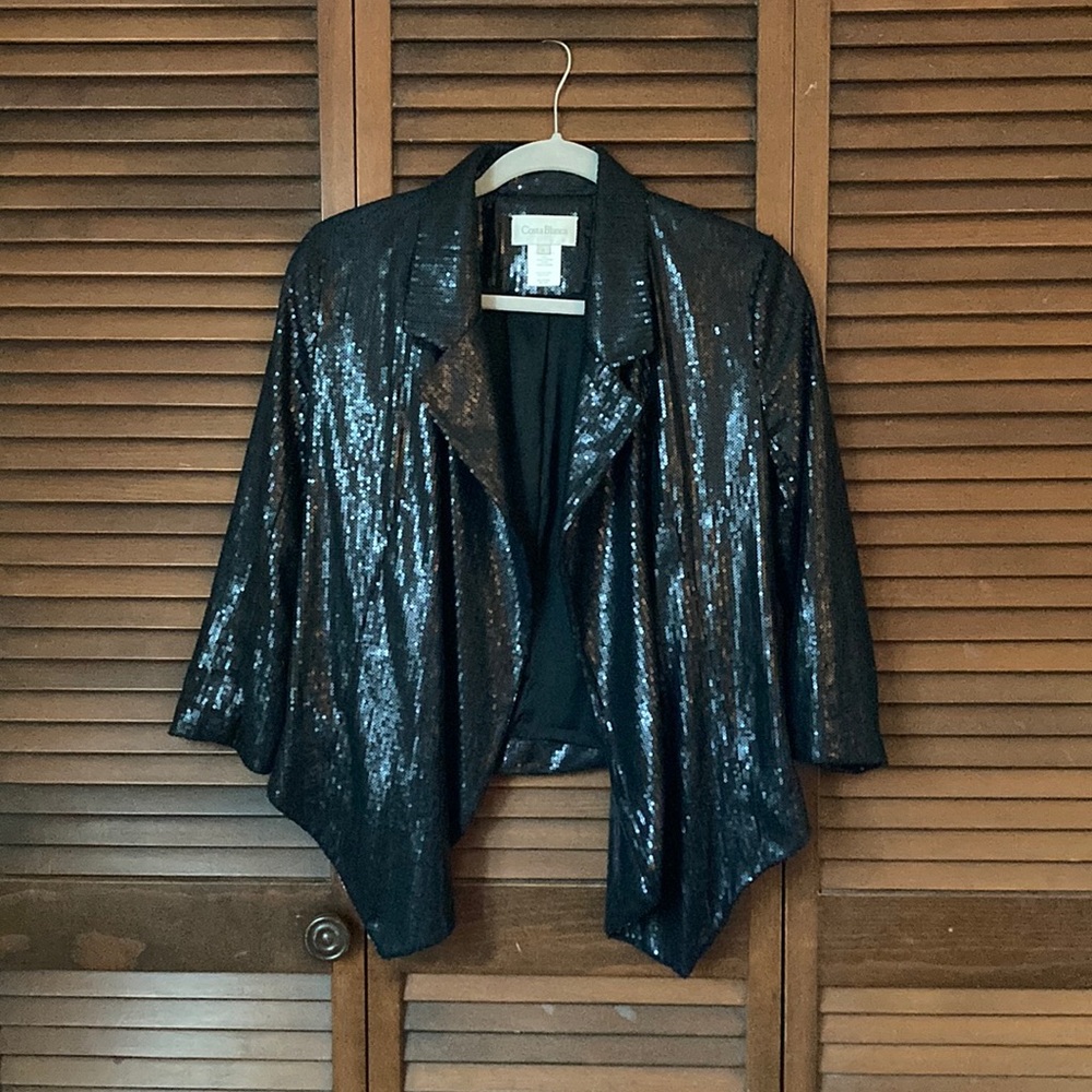 Costa Blanca Asymmetrical Hem Black Sequin Blazer Jacket - Size 6